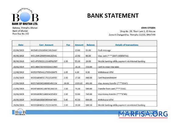 Downloadable Bhutan Bank of Bhutan bank statement word sample